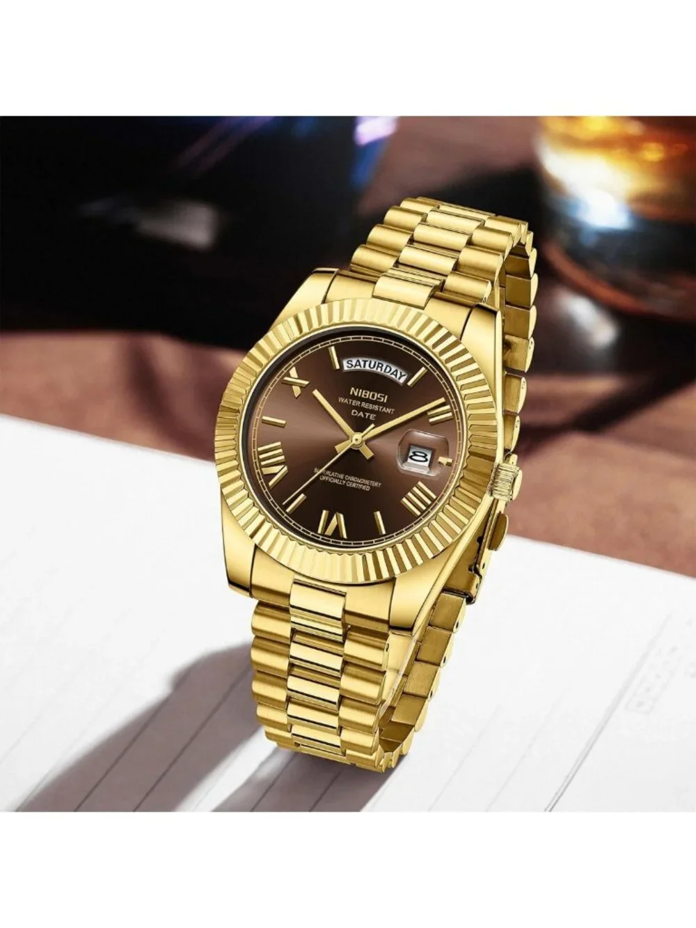 Luxury Men's Analog Quartz Watch - Rose Gold Stainless Steel, Waterproof, Brown